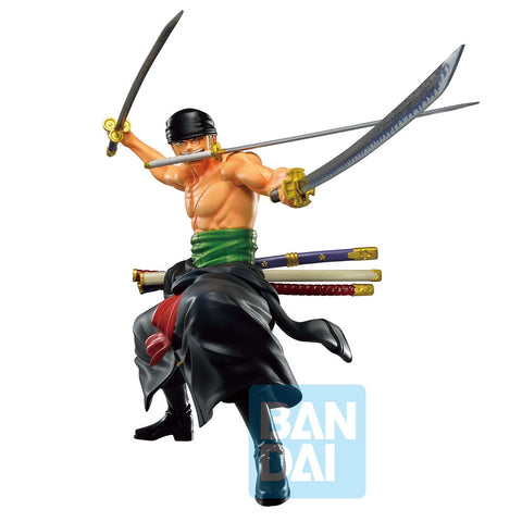 ZORO RORONOA SOSTENIENDO 3 ESPADAS CON CINTURON VERDE ONE PIECE BANDAI